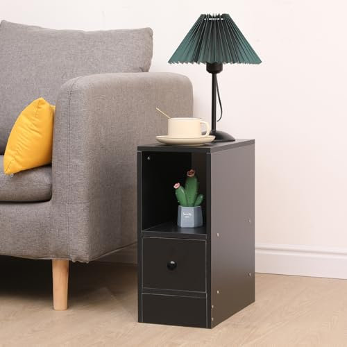Pantanal 20CM Slim Bedroom Nightstand Small Bedside Table Cabinet with Storage Drawers and Shelf, Narrow Thin Living Room End Table Sofa Side Table Wood(black with drawer)