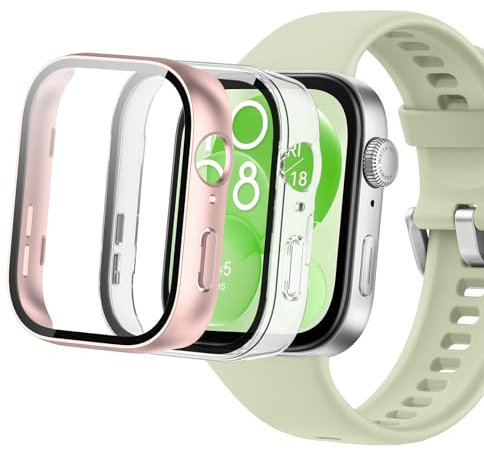 MEMELOKA Funda para Huawei Watch Fit 3 con Cristal Templado, 2 Piezas Ultra Delgada Anti-Rasguños Rígido PC Carcasa + Alta Sensibilidad Protector de Pantalla, Rosado y Transparent