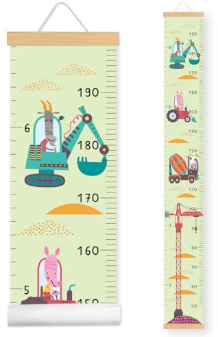 Messlatte Kinder-Wachstum Messlatte-Höhenlineal zum Aufhängen-Abnehmbare Leinwand mit Holzposterleiste - Kinderzimmer Deko und Geschenk zur Geburt(160cm x 20cm) (Grüne, Technik Fahrzeug)