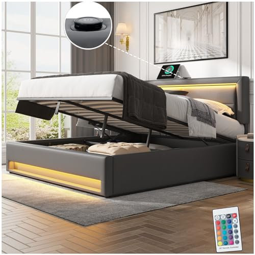 Racxily Cama acolchada con puerto USB y carga inalámbrica, cama de matrimonio con iluminación LED, cama con almacenamiento de matrimonio, cama individual de 160 x 200 cm con cabecero y somier de