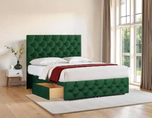 Plush Velvet Divan Bed Set, Luxurious Bed with 48 Matching Chesterfield Headboard & 20 Footboard, Modern Bed with 10 Spring Memory Foam Mattress & 2 Storage Drawers (Green, Double_4FT6)