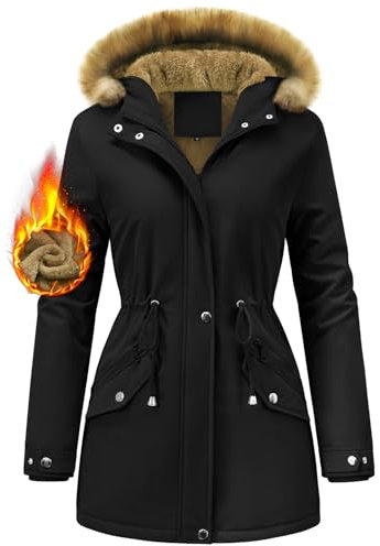 FemiChic Women Winter Coat UK Fleece-Lined Jackets Ladies Long Winterproof Parka Warm Padded Coats Thermal Thickened Hooded Outwear Detachable Hood Overcoat(Black,L)
