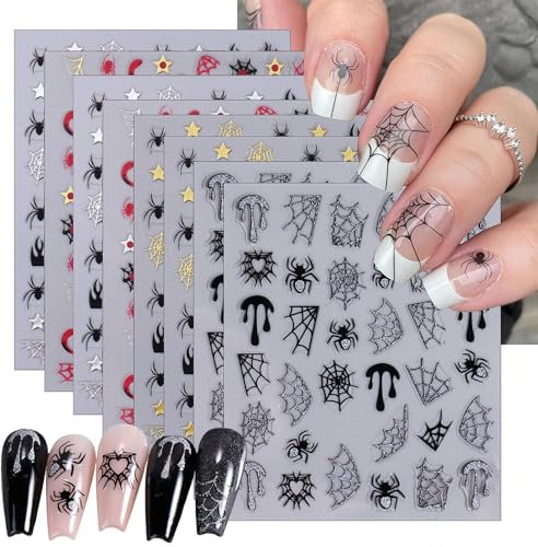 Nayyana 8 Blatt Halloween-Nagelkunst-Aufkleber, 3D, selbstklebende Halloween-Nagel-Abziehbilder, golden, silber, rot, Horror-Netz-Gesicht, Nagelkunstzubehör, glitzernde Spinnennetz-Nägel