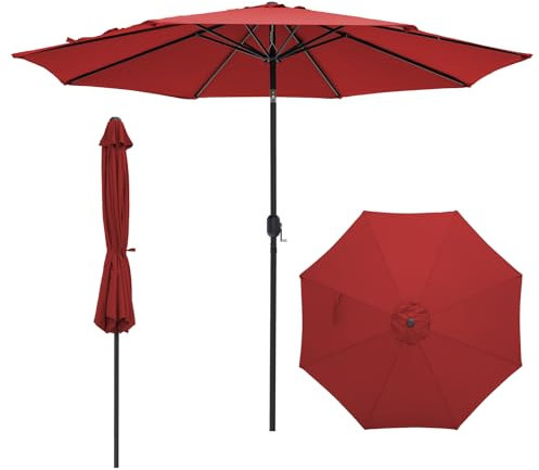 COSTWAY Sonnenschirm 300 cm, Gartenschirm mit Kurbel, beidseitig um 25° knickbar, Terrassenschirm mit 8 Rippen, Marktschirm für Garten, Terrasse, Balkon (Rot)