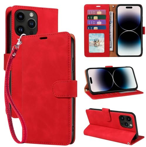 GOTOURED Wallet Phone Case for iPhone 14 Pro Max 6.7 inch, [RFID Blocking 4 Card Slots] [Wrist Strap] [Kickstand] Magnetic Closure Shockproof Protective Soft Leather Flip Cover (Red)
