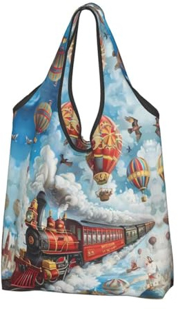VOSERY Roter Zug, Heißluftballon, wiederverwendbare Einkaufstasche, Einkaufstasche für Lebensmittel, faltbare Tragetasche mit Griffen, Schwarz, 1 PC