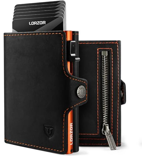 LORZOR® Slim Wallet mit Münzfach, Geldbörse aus Echtem Leder für Herren, RFID Blocker Portemonnaie, Kartenetui, Geldbeutel für 10 Karten, Smart Wallet (Orange)