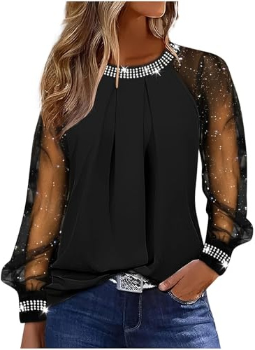 Ladies Party Tops Lace Long Sleeve Crew Neck Blouses Sparkly Glitter Rhinestone Tops Ladies Sequin Tops Sparkly Tunic Tops Elegant Evening Top for Women UK Plus Size Casual Tees Party Tshirts