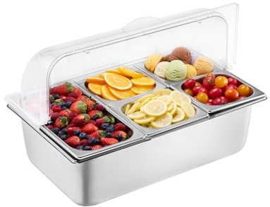 VEVOR Countertop Food Serving Display Container, 5 Pan Stainless Steel Food Serving Tray, Buffet Condiment Dispenser Display Rack with Clear Lid & 3 Freezer Boxes, for Restaurant Hotel Kitchen Party