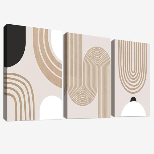 3Pcs Boho Minimalistisch Abstrakt Mit Rahmen Leinwand Bilder Karamell Beige Mid Century Geometrisch Bild auf Leinwand Malerei Wandbilder Wohnzimmer Schlafzimmer Badezimmer Wanddeko 50x70cm x3pcs