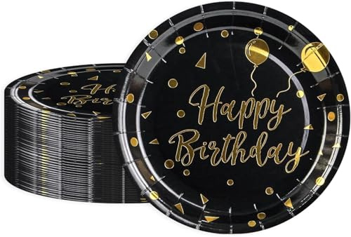 Pappteller–50Stück Party-Teller mit Goldfolie, 23 cm/9 Zoll, Party-Geschirrset Schwarz-Gold Happy Birthday Einweg-Teller Geschirr für Abschlussfeier, Hochzeit, Einweihungsparty, Kindergeburtstag