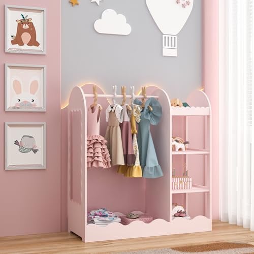 [en.casa] Kindergarderobe stehend Vestnes Kinder Kleiderschrank mit Spiegel und Kleiderstange 100 x 94 x 38 cm Kleiderständer mit Regal Wellendesign Cotton Candy