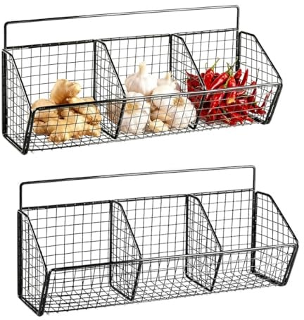 ZoeQide Wandkorb Metall Zweierset mit sechs Fächern für Gemüse und Vorräte | Obstkorb hängend ohne Bohren schafft Zugriff durch Gitter und bietet getrennte Fächer für Zwiebeln Knoblauch sowie Ingwer