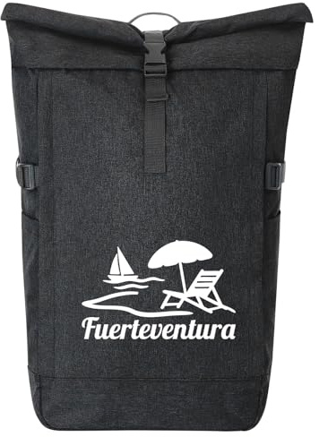 Huuraa Kurierrucksack Fuerteventura Inselmotiv Spanien Geschenk | 30-44 Liter Backpack Black Melange Fairtrade Rolltop Rucksack Geschenkidee Schwarzer Laptop-Rucksack passend für 17-Zoll