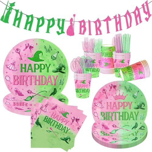 169-Piece Pink and Green Witch Birthday Tableware Set for 24 Guests