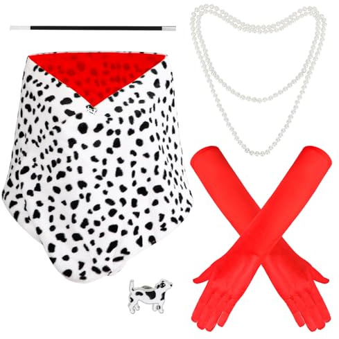 XEPST Cruella Devil Kostüm, Dalmatiner Kostüm Damen Cruella Devil Mantel, Halloween Karneval Damen Kostüme Set 1920er Jahre Rot Handschuhe mit Perlenkette Holder