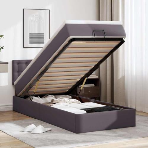 ACAGALA Boxspringbett mit Bettkasten 100x200 cm, Einzelbett Polsterbett mit Matratze, Stauraumbett mit LED-Kopfteil und USB-Anschlüsse, Bettgestell mit Lattenrost aus Holz, Kunstleder, Grau