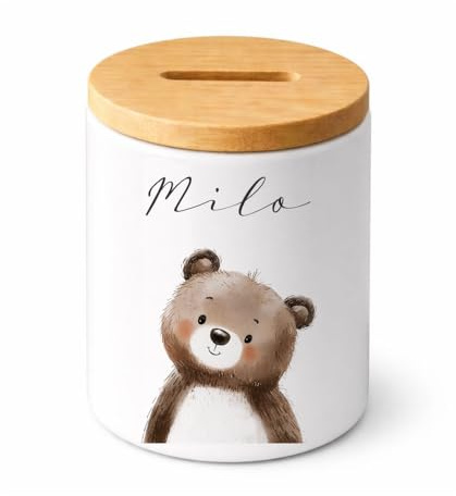 Manufaktur Liebevoll - Personalisierte Spardose für Kinder aus Keramik mit Bambusdeckel Kinder Spardose mit Name Geschenk zur Geburt Taufe & Geburtstag (Bär)