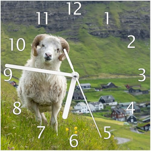 Wallario Design-Wanduhr Wildes Schaf in der Natur aus Glas, Motiv-Uhr Größe 20 x 20 cm, weiße Zeiger