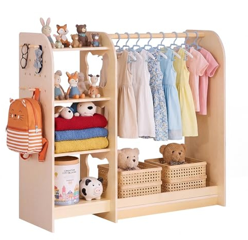 VEVOR Penderie Enfant avec Miroir, Armoire Enfant en Bois avec Tringle à Vêtements et Étagères, Organisateur de Déguisements pour Fille, Meuble de Rangement pour Chambre et Salle de Jeux, Naturel