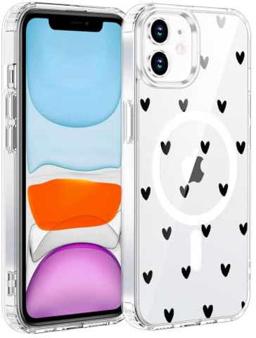 Herz Muster Hülle für iPhone 11 Kompatibel mit MagSafe Magnetisch, Klar | Tansparent Handyhülle mit Motiv Herz Schlanke Hart Case Kratzfeste PC Rückseite + Weiche TPU Bumper Stoßfest Schutzhülle
