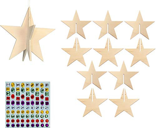 Herr Bo & Co 5X 3D Weihnachtsstern 10cm zum Zusammenstecken mit 86 selbstklebenden Glitzersteinen, aus unbehandeltem 3mm Birkensperrholz, FSC-Zertifiziert, Made in Germany