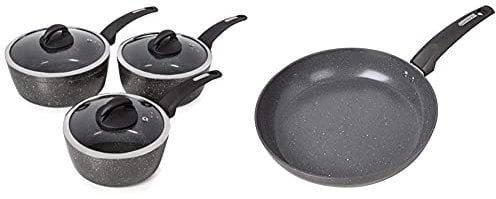 Tower T81212 Cerastone Non Stick Induction Saucepans Sets, 3 Piece & T81242 Cerastone Induction Frying Pan Non-Stick, Ceramic Coating, Forged Aluminium, Stay Cool Handle, Graphite, 28 cm