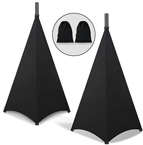 Dofilachy Lautsprecher Ständer Cover,Tripod Cover Stativ Segel für Veranstaltung Effekt Licht Scheinwerfer,Dehnbar Cover für Lautsprecherstative mit kostenloser Reisetasche (Schwarz 2 Stück)