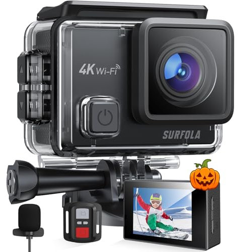 Surfola Action Camera 4K 30fps, Underwater Camera 131ft Waterproof for Snorkeling, 20MP WiFi EIS Camera for Vlogging, External Mic, 2 Rechargeable Batteries, Remote Control, Accessories Kit