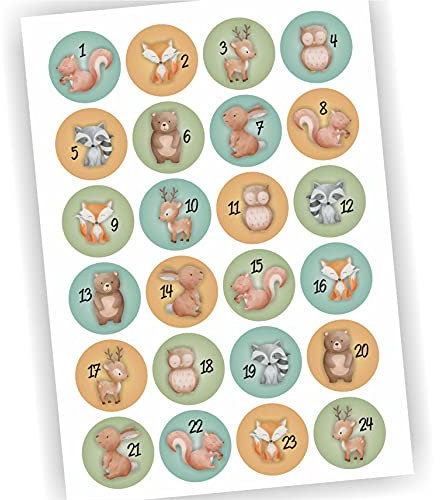 24 Aufkleber Adventskalender Zahlen Fest Weihnachten Aufkleber Sticker DIY Waldtiere Woodland