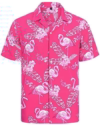 J.VER Hawaiian Shirts for Men Short Sleeve Summer Pink Flamingo Beach Holiday Party Regular Fit Casual Aloha Funky Floral Fashion Button Down Shirt 3XL