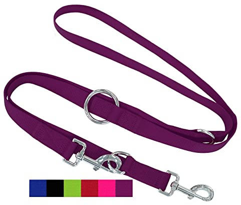 DEY - Premium Hundeleine Nylon 2m | 3fach Verstellbar | für Kleine, Mittelgroße u. Große Hunde | viele Farben |Doppelleine Hund Katze Welpe | Schleppleine |Führ-Leine | Welpenleine | Lila, L