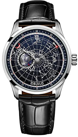 OBLVLO Top Brand Design Herren Automatische Mechanische Uhr Leuchtende Erdsternuhr Wasserdichtes Lederarmband GC