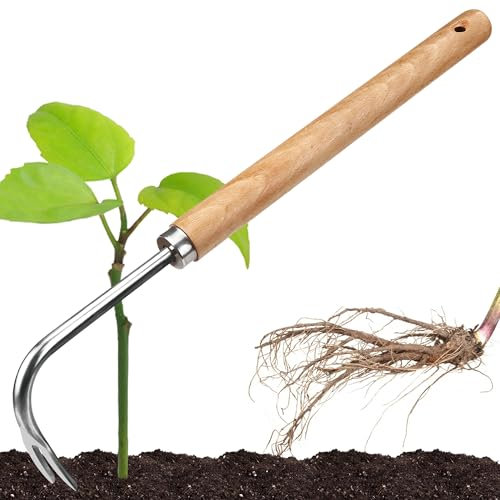 Weed Remover Tool with V-Shape Hook Artifact Uprooting Weeder Tool 16 Inch Stainless Steel Weed Puller Root Remover Long Wood Handle Weeding Tools for Garden Dandelion Patio Lawn Farm Crack Weeding