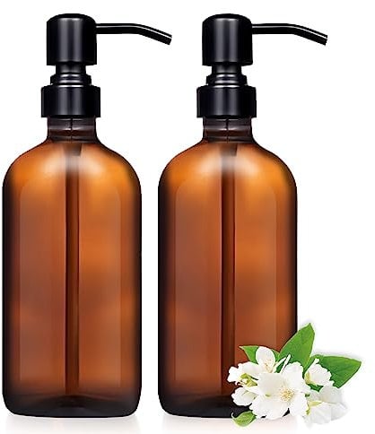 2 Pack 500ml Amber Glass Soap Dispenser with Stainless Steel Pump, Brown Refillable Empty Liquid Bottle Dispenser, Hand and Dish Soap Bottle with Pump and Label for Kitchen & Bathroom.
