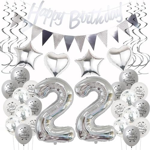 Silber Geburtstagsdeko 22 Jahre Frauen Mann,ballon 22 Geburtstag Frauen Deko, Luftballons 22. Geburtstag Dekoration Frau silber ,Party Deko 22. Geburtstag Männer 22 Jahre Frau Geburtstagsdeko