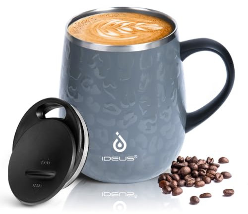 Ideus Kaffeebecher 470 ml (16 oz), doppelwandige vakuumisolierte Kaffee- und Teetasse aus Edelstahl mit rutschfestem Griff und Schiebemoduldeckel und großem Volumen (Leopard Grau)