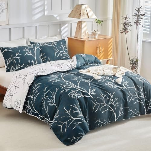 Tokokimo Double Duvet Cover Set - Blue Bedding Set Reversible Design 3pcs, Soft Microfiber Double Duvet Set 200x200 cm with Pillowcases for Bedding Bed Set, Easy Care, Printed Blue/Floral