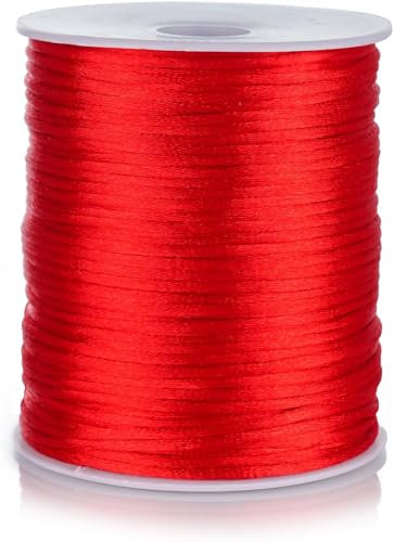 FQTANJU 2mm Nylon Satin Cord, 100 Yards Nylon Cord Satin String for Bracelet Jewelry Making Silky Rattail Macrame Trim Cord Necklace Bulk Beading Thread Kumihimo Chinese Knot Craft (Red)