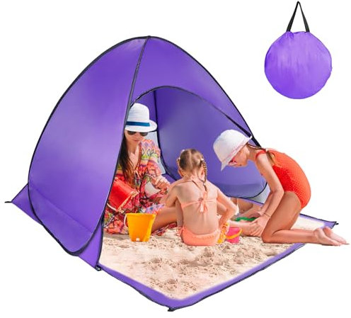 Pop Up Strandzelt, Anti-UV Automatischer Sonnenschutz Regenschirm, Tragbarer Sonnenschutz Shelter für 2-3 Personen, Outdoor Instant Pop Up Strand Schattenzelt mit Tragetasche, Lila