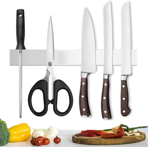Magnetisch Messerhalter 40cm, Edelstahl Magnet Messerleiste, Selbstklebend 3M Klebeband Magnetleiste Messer, Messermagnete Ohne Bohren für Wand, Wandmontage Magnetschiene für Metall Küchenutensilien