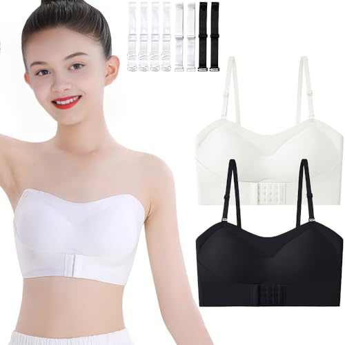Sunvivid Soutien-Gorge Bandeau Filles sans Bretelles Lot de 2 Invisible Bralettes de Danse et Ballet avec Amovibles Rembourré et Bretelles de Rechange 10 à 18 Ans