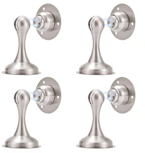 Magnetic Door Stopper – 4 Pack, Brushed Nickel Finish, No-Drill Installation with 3M Adhesive, Soft-Catch Mechanism, Holds Doors Open Securely