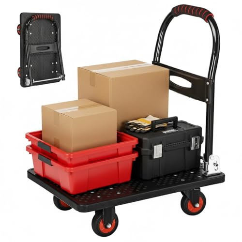 Dulcii Klappbarer Plattformwagen, 150 kg Kapazität, robuste Sackkarre mit Griff und 4 Rädern, Flachbettwagen für Zuhause, Büro, Geschäft, Lager, Garage, Umzug, Schwarz