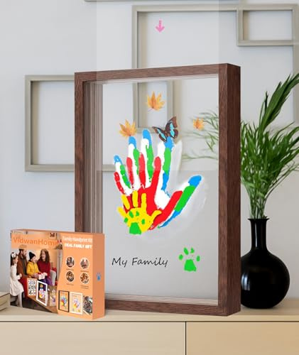 Brown Family Handprint Kit for 4 – Wooden Frame with 4 Clear Acrylic Boards, DIY Handprint Keepsake for Baby, Pet, Mom, Grandparents, Mold Art Set