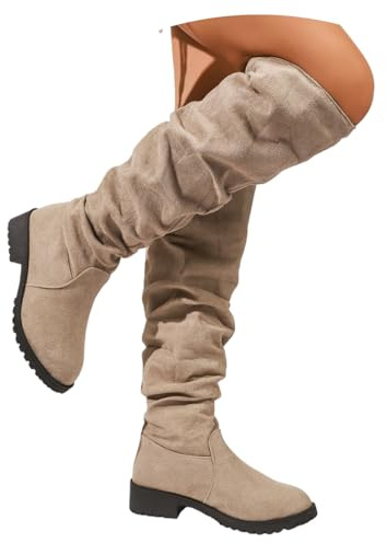 LDXEQIZ Stivali da Donna Alti Fino al Ginocchio con Tacco Basso Boots Alti in Pelle Scamosciata con Pieghe Stivali da Equitazione Vintage con Gambale Largo Scarpe Slip-on Taglie Forti