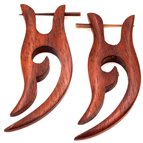 BALI PAPAYA Faux Ecarteur Bois Boucles d'oreilles Piercing Homme Femme Wooden Fake Expander Gauge Wood Earring Earrings Fake Paire Spirale Marron créoles