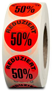 HUTNER Aktionsetiketten Reduziert 50% ø 32mm leucht-rot permanent 10.000 runde Aufkleber, Haftetiketten, Reduziert 50%