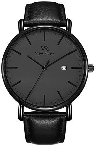 BUREI Vigor Rigger Unisex Ultra Thin Quartz Armbanduhr Analoges-dial mit Kalender Datum Mineral Crystal mit Schwarzes Lederarmband