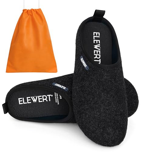 ELEWERT® Herren Hausschuhe I Pantoffeln Damen I Filz Unisex Barefoot shoes I Atmungsaktive Slipper I Anatomischer Einlegesohle I Naturkautschuksohle I Spanien I Schwarz, EU 37